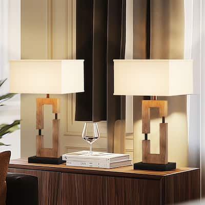 USB Wood Table Lamp With Cotton Shade Set of 2
