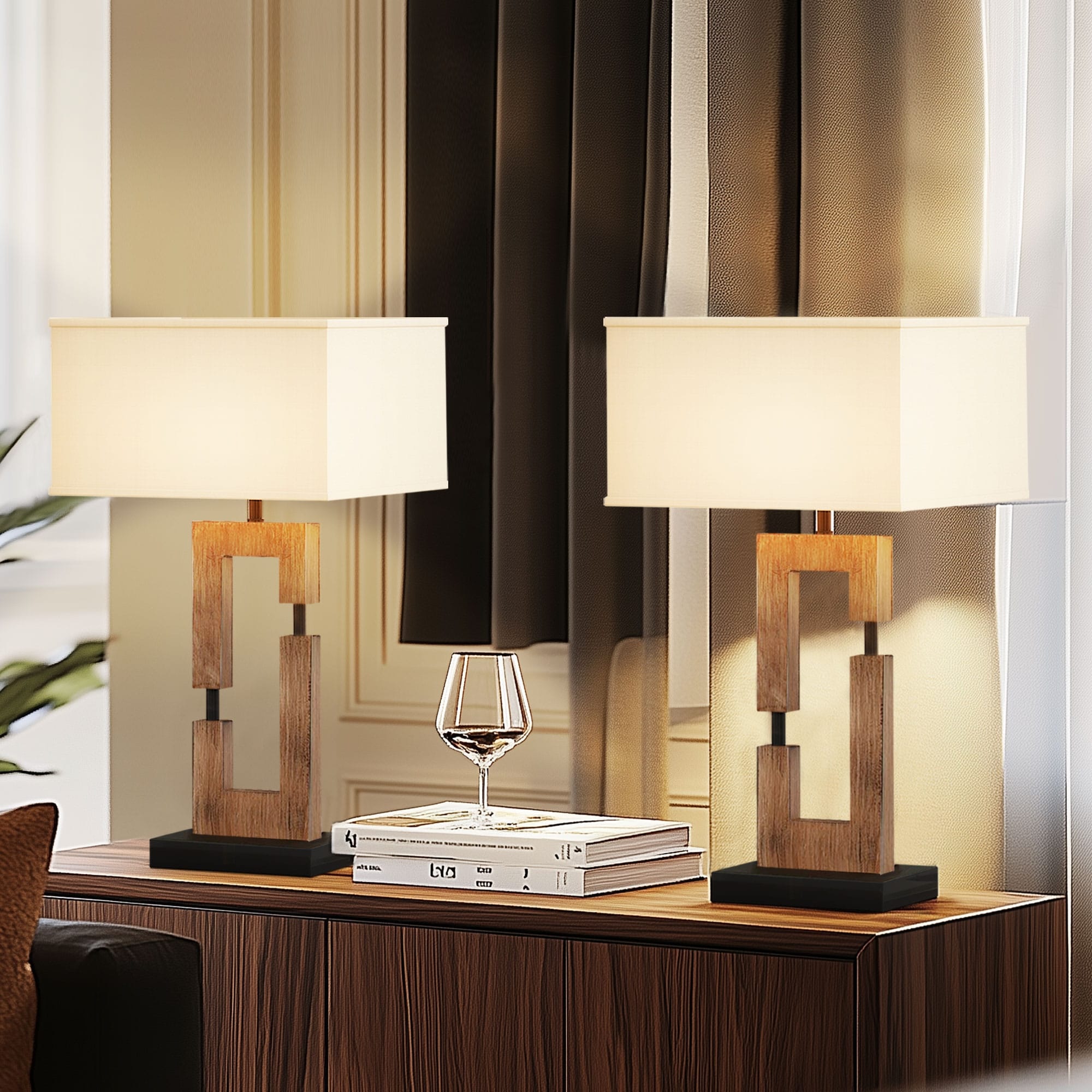 USB Wood Table Lamp With Cotton Shade Set of 2