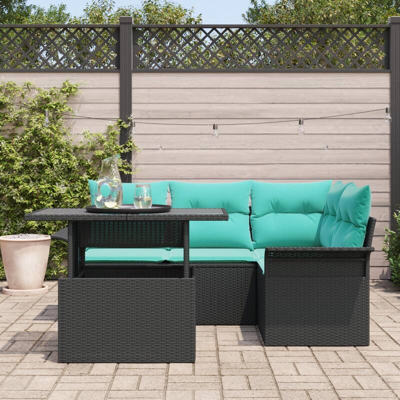 vidaXL 5 Piece Garden Sofa Set with Cushions Black Poly Rattan - 73.8×52.2×27.2