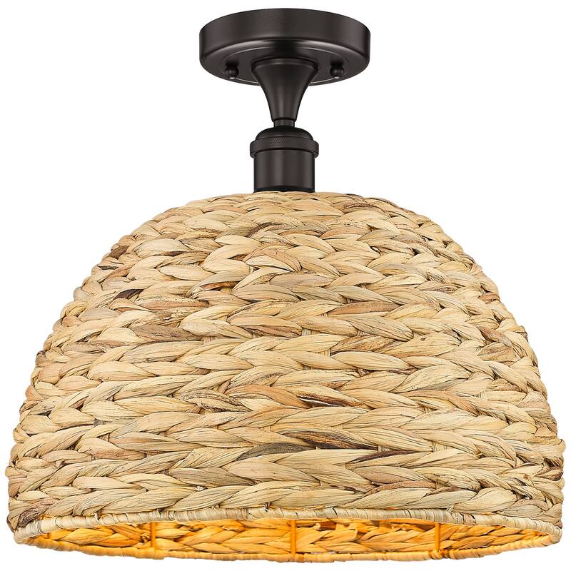 Innovations Lighting 616-1F-14-16 Woven Rattan Semi-Flush Woven Rattan - Oil Rubbed Bronze / Natural