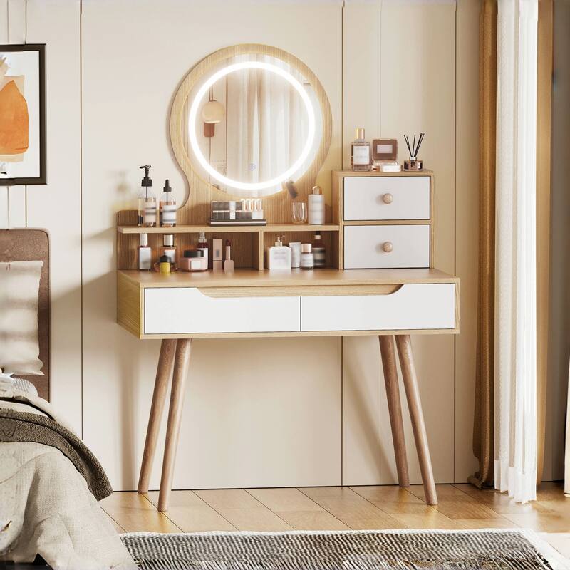 Makeup Vanity Desk with 3 Adjustable Lighted Mirror with Solid Wood,Dressing Table Set with 4 Drawers and 3 Open Shelves - White Oak
