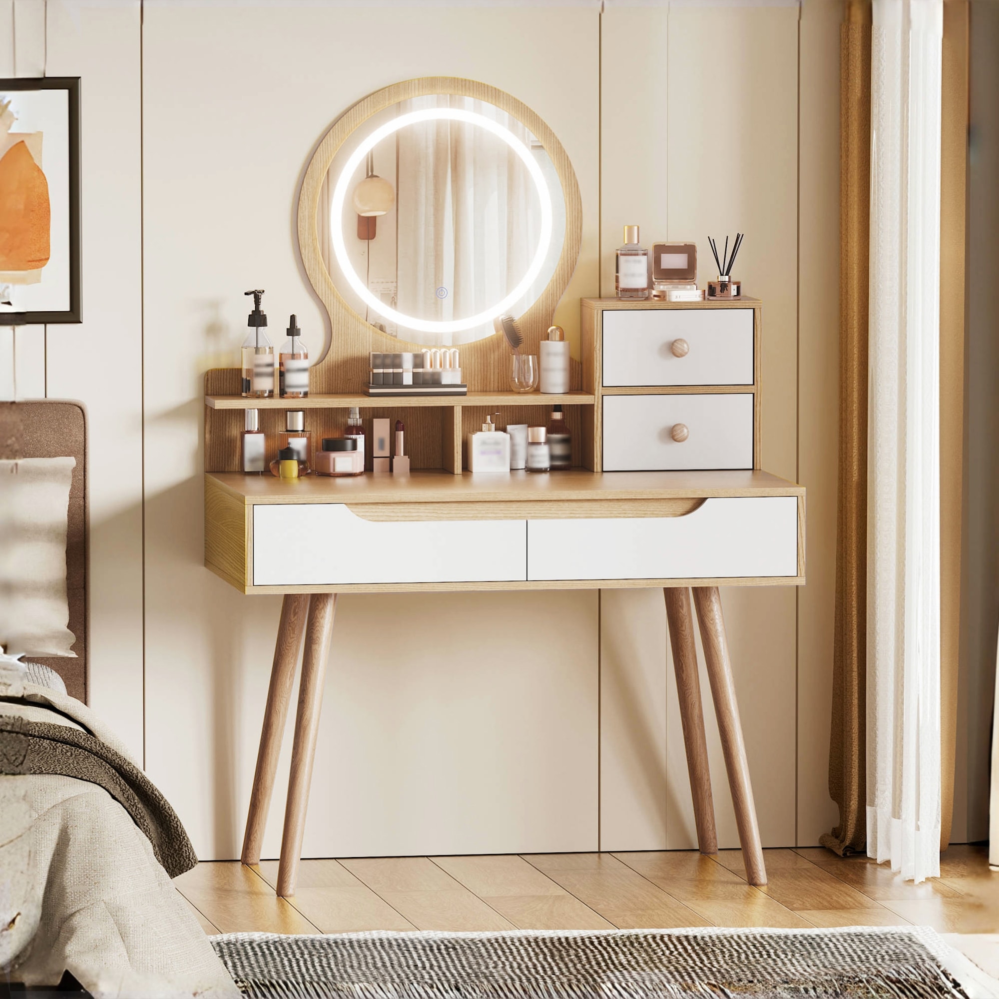 Vanity Desk with Mirror and Lights, Makeup Desk with Solid Wood Table Feet, Dressing Table Set with Drawers and Open Shelves
