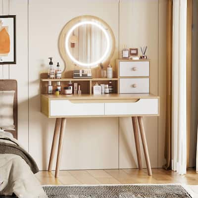 Vanity Dressing Table with LED Mirror & Storage - White Makeup Desk Features 3 Drawers, 2 Open Shelves & 4 Hidden Cabinets
