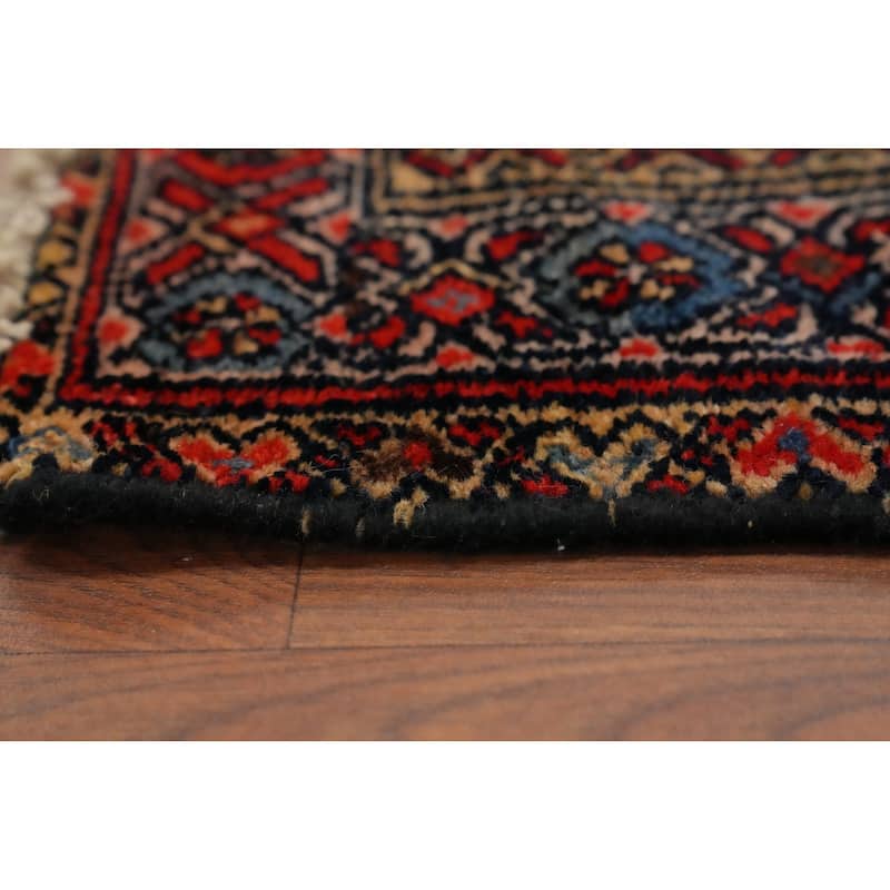 Hand Knotted Oriental 100% Wool Carpet Traditional Geometric Navy Blue & Blues Bibikabad Runner Rug - 13' 4'' X 3' 5''
