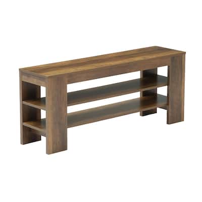 Rustic Brown Wood 3-Tier Shoe Bench with Open Storage, Entryway Bench