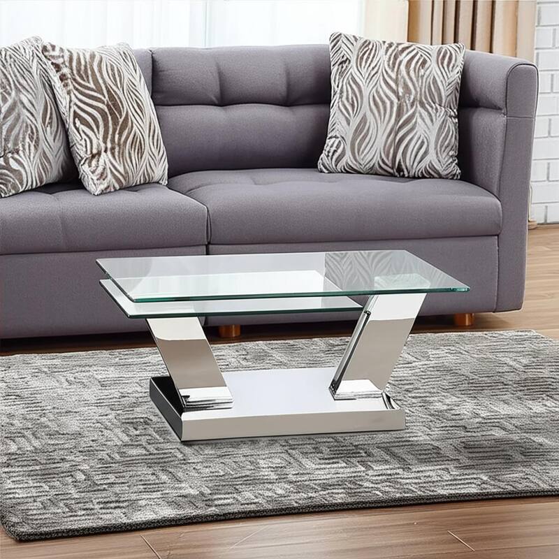 HomeRoots 32" Clear And Silver Glass And Stainless Steel Floor Shelf Coffee Table - 31.5 in. x 17 in. x 23.5 in. - Clear
