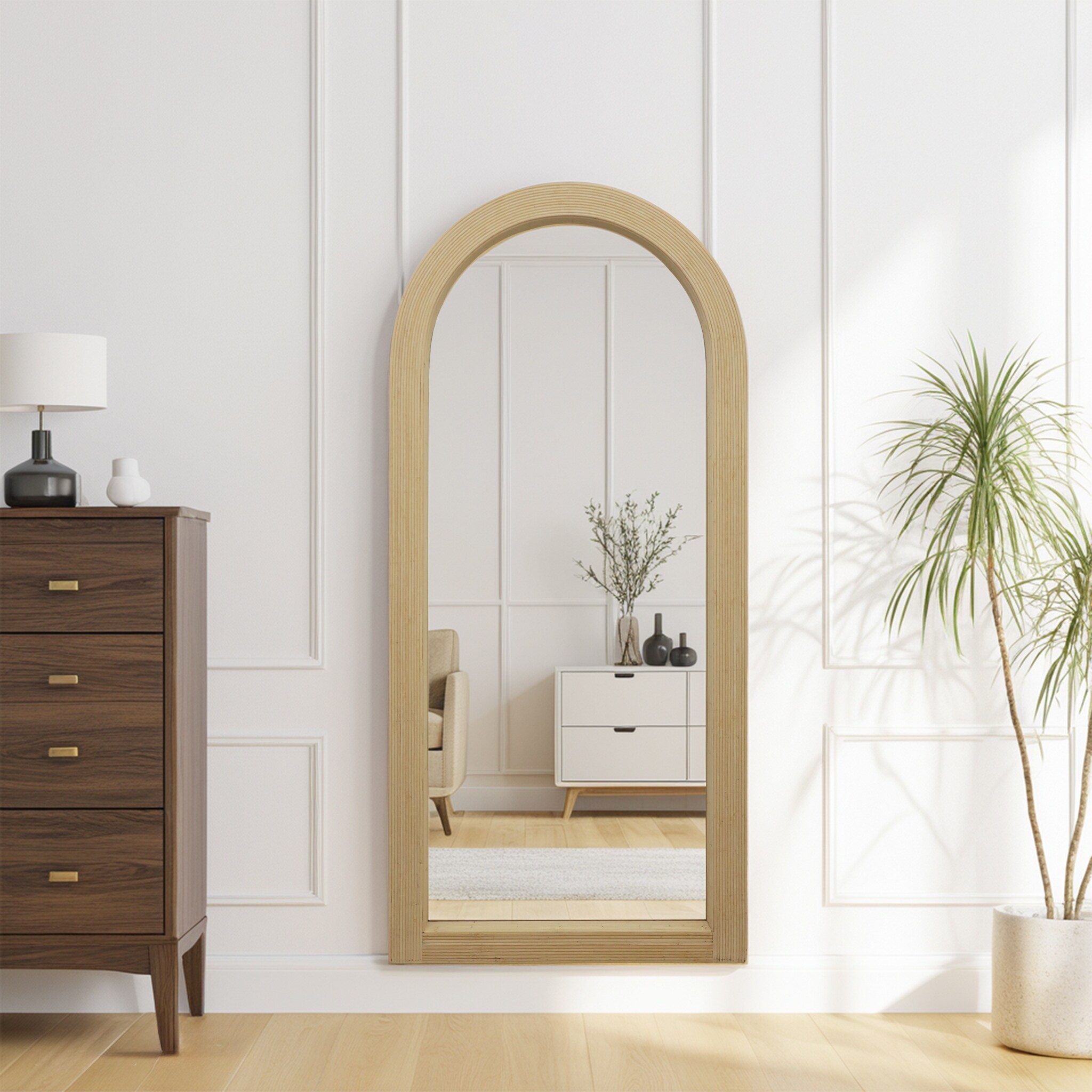 Arched Bamboo Wall Mirror, Boho Full Length Mirror for Living Room