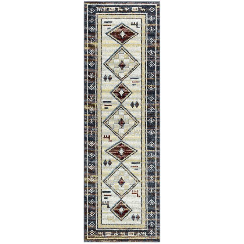 Everwash Treasure Southwestern Geometric Machine Washable Area Rug, Beige/Blue - 2' 2" x 7' 2" - Runner