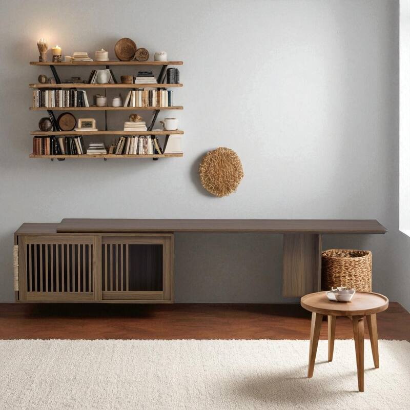 78-110" Extendable Mid-Century TV Stand for TVs up to 100", Walnut Media Console with Cat Scratcher and Storage