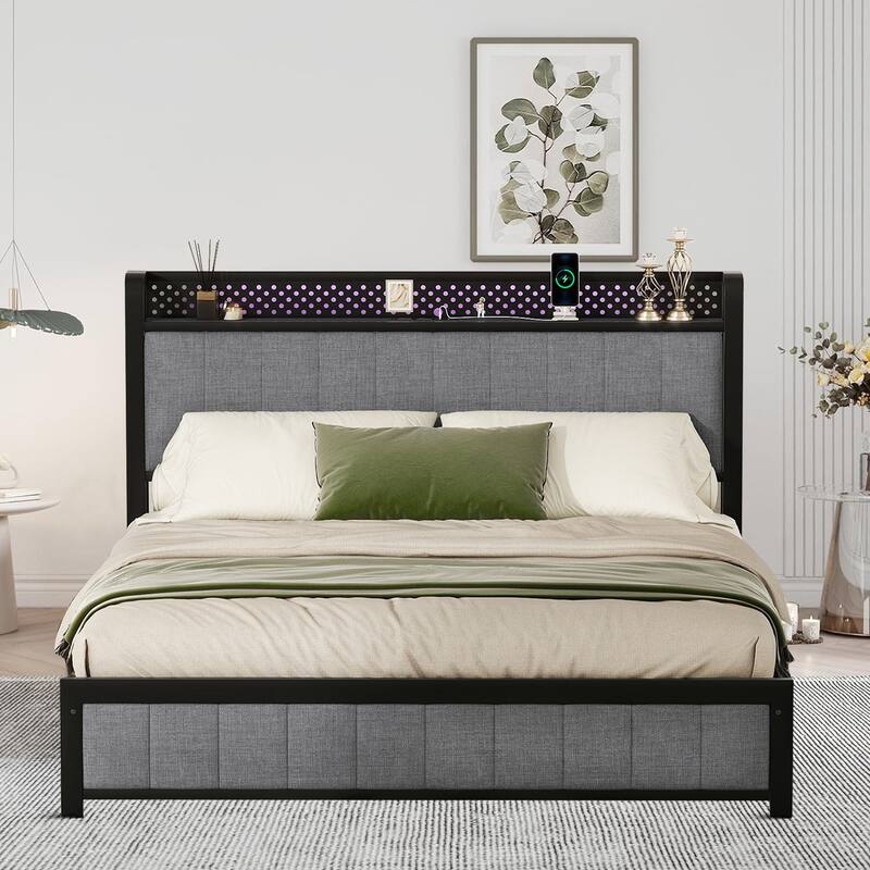 Contemporary Multifunctional Queen Size Linen Fabric Upholstered Platform Bed