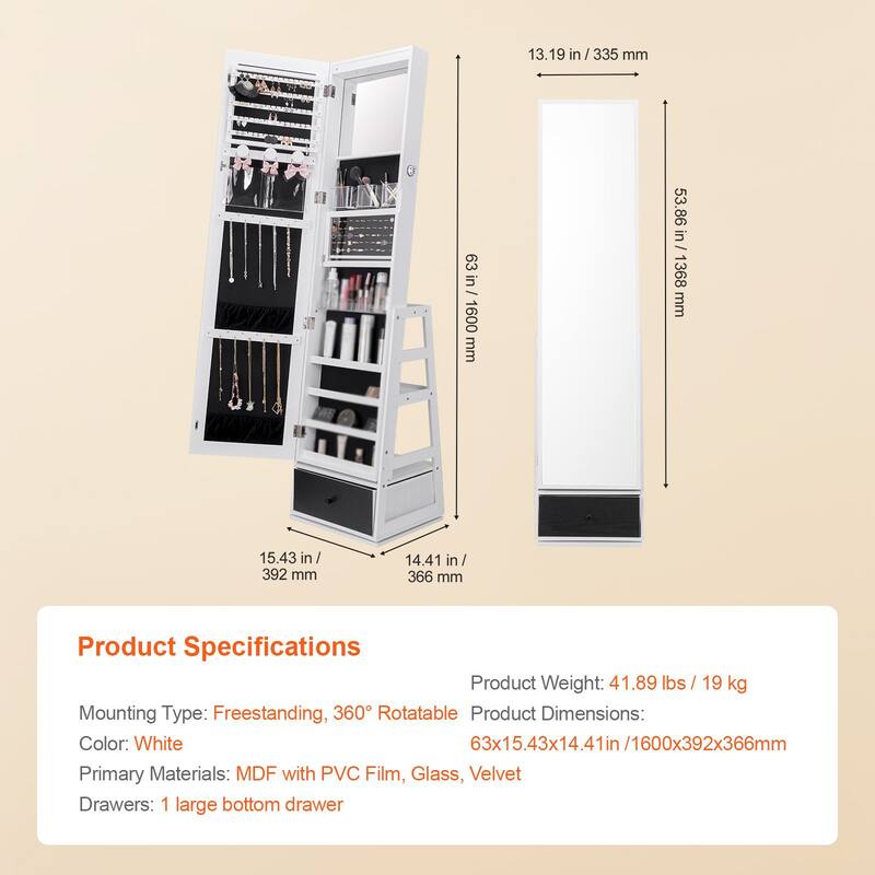 3-in-1 Functionality Freestanding Rotating Jewelry Mirror with Lockable Storage and Ample Ring Slots - 15.35 x 14.4 x 63 in