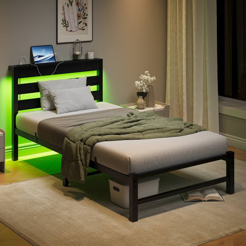 Metal Bed Frame Slats Platform Bed Open Frame with RGB LED Light and 2 USB Ports, Wooden Headboard, No Box Spring Needed