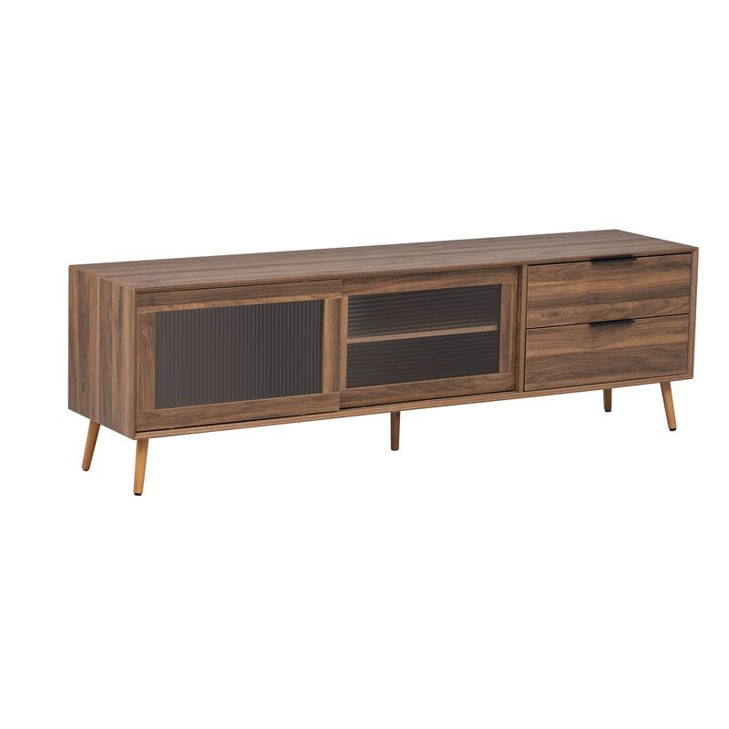 Solid Wood 2 Drawers TV Stand Media Console Table with Sliding Doors