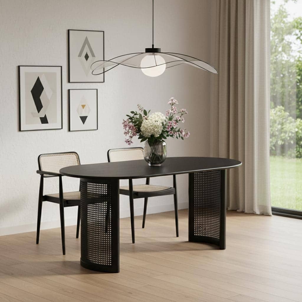 HomeRoots 66" Black Solid Wood Double Pedestal Base Oval Dining Table - 66.30 in. x 29.64 in. x 33.15 in.