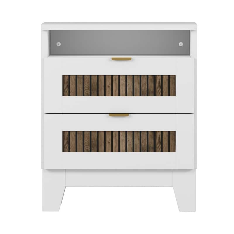 4-Pc Full/Queen Farmhouse Bedroom Set with Wooden Strip Stickers, Storage Nightstand & Dresser, White/Black