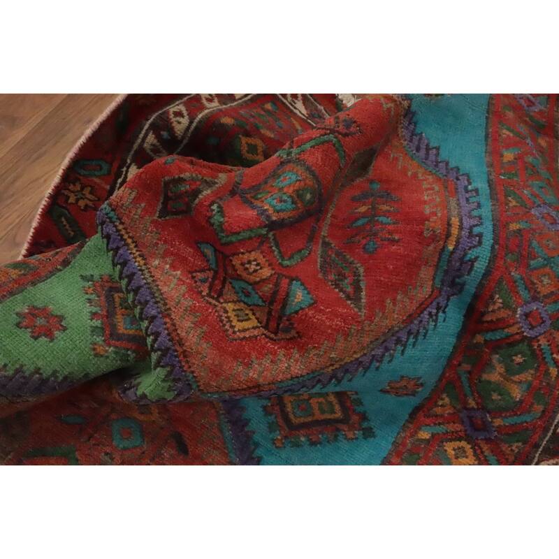 Hand Knotted Oriental 100% Wool Carpet Traditional Geometric Multi-Colored Heriz Runner Rug - 14' 1'' X 3' 9''