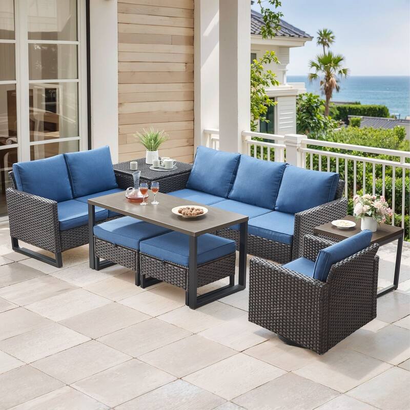 Gymojoy 6-8 Person All-Weather Wicker Outdoor Conversation Set Seating Group With Swivel Chairs And Ottomans