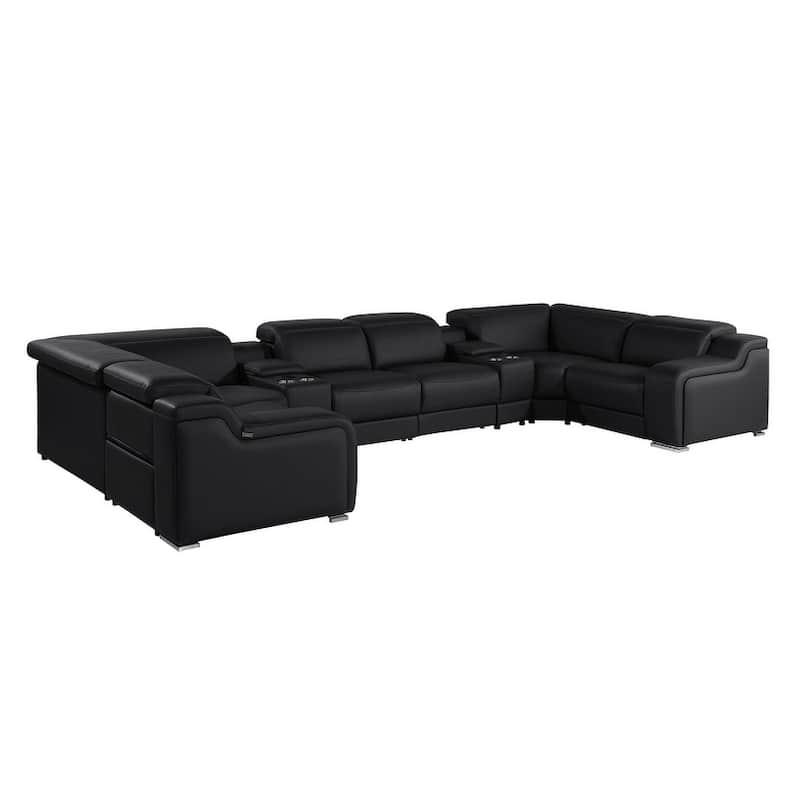 HomeRoots Black Italian Leather Power Reclining U Shaped Eight Piece Corner Sectional With Console