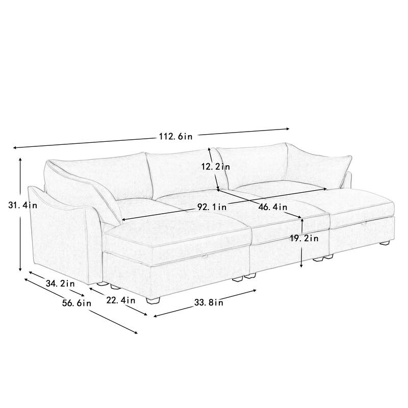 GDFStudio - Chenille 3-Seater 112.6" Modular Sofa with 3 Ottomans