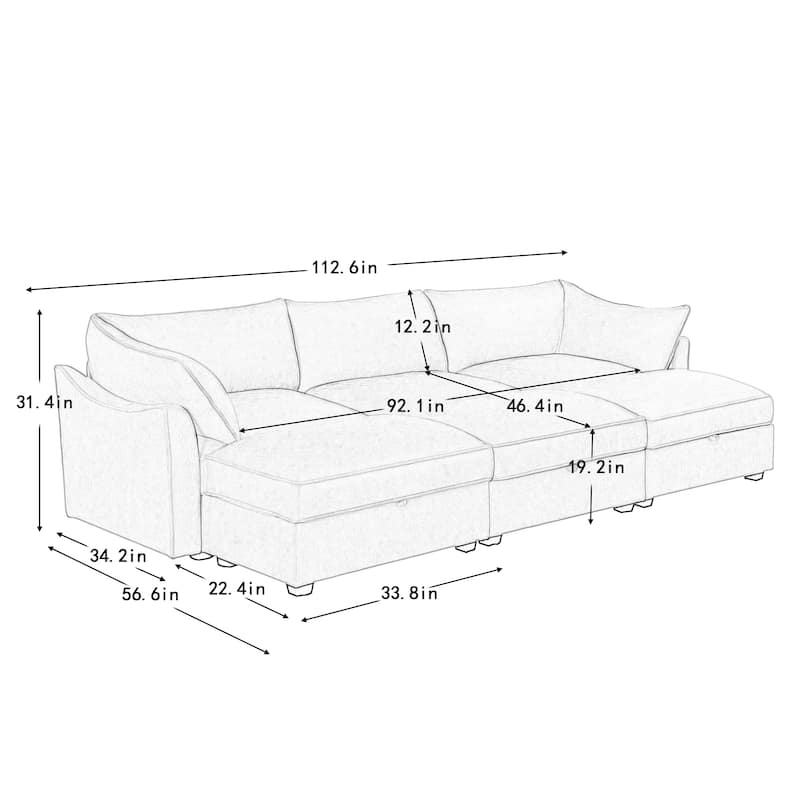 Modular Upholstered Sofa with 3 Ottomans and Storage Drawers, Deep Seat Chenille Sleeper Couch for Living Room, Home Theater