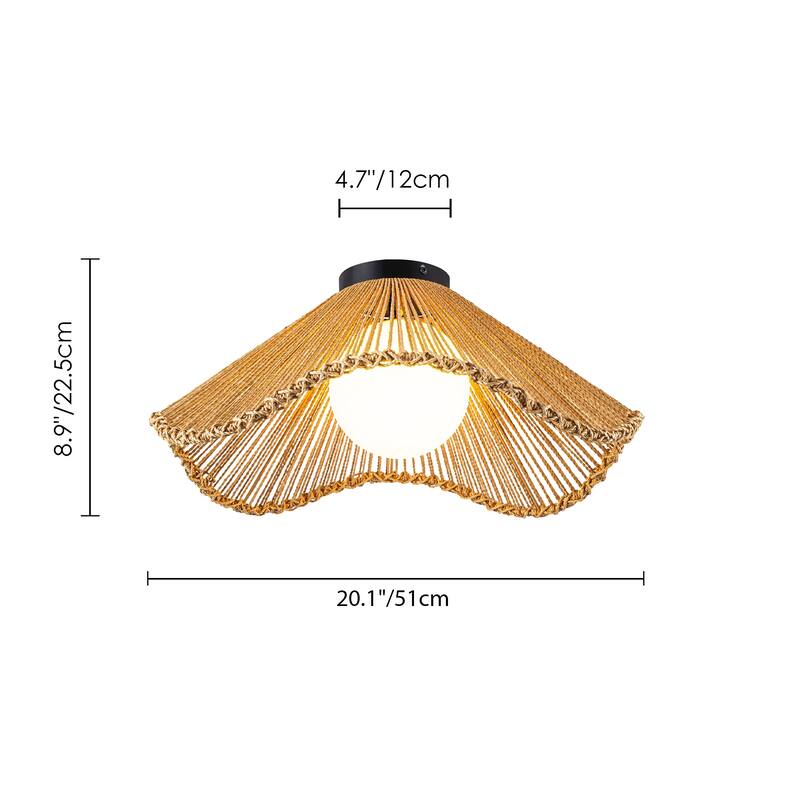 1-Light Boho Jute Rope Flush Mount Ceiling Light - Scalloped Natural Fiber Fixture for Bedroom - 1 Light