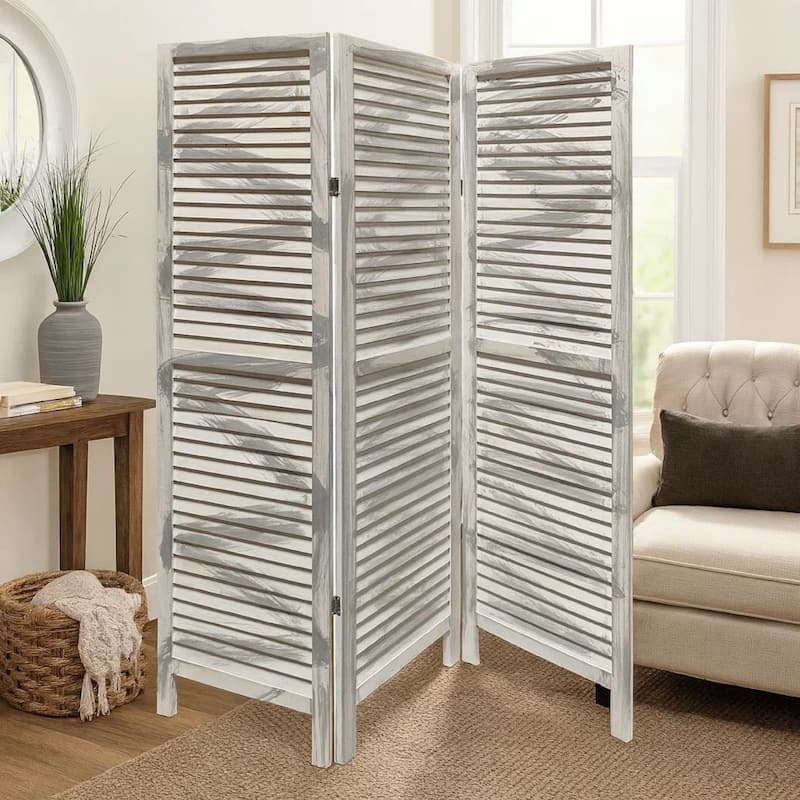 3 Panel Foldable Wooden Shutter Screen with Straight Legs, Gray