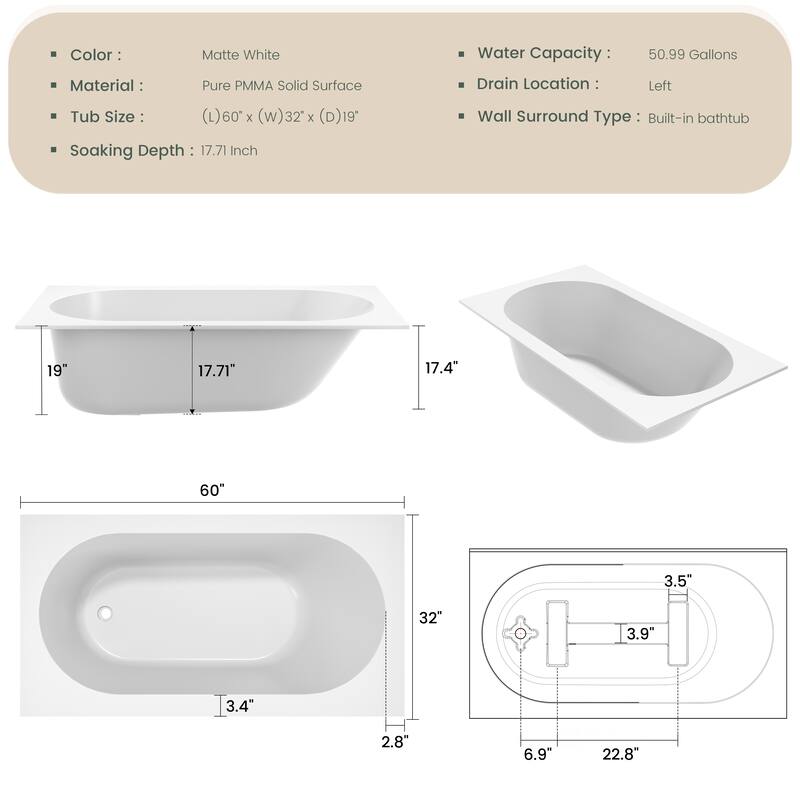 60 in. x 32 in. Acrylic Drop-In Deep Soaking Bathtub with Left Drain in Matte White, Includes Chrome Cover & Metal Drain
