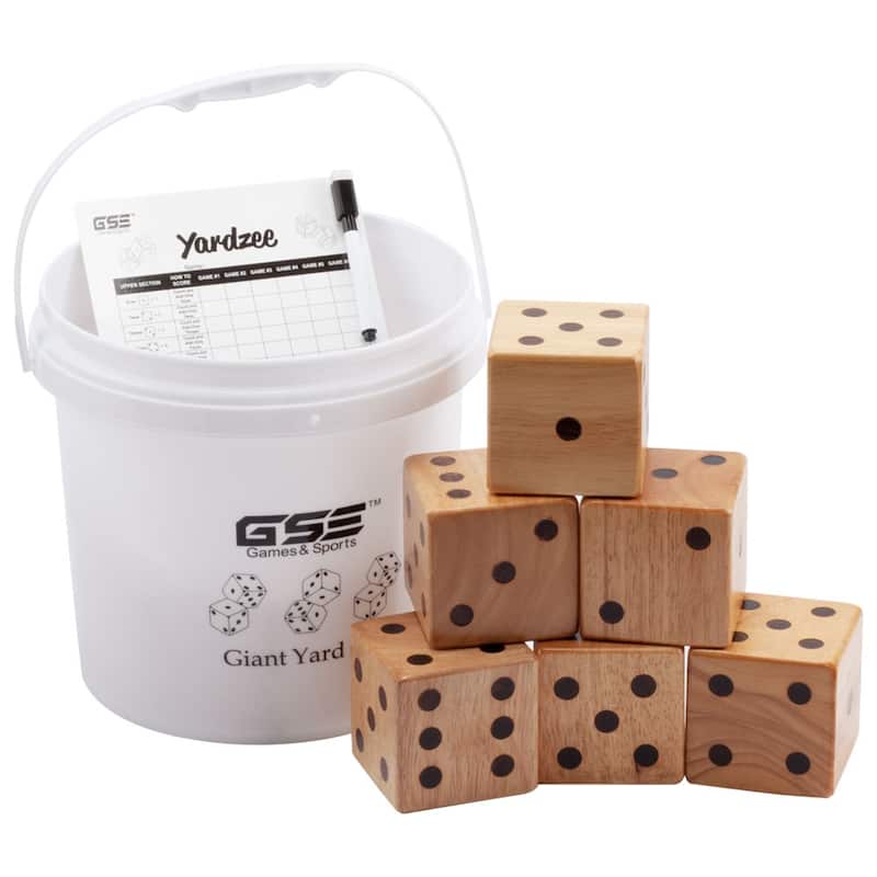 GSE™ 3.5" Rubber Hardwood Giant Yard Dice Set with Bucket and Yardzee & Farkle Scorecard - Giant Dice Set - 16 Years and Up - Giant Dice Set
