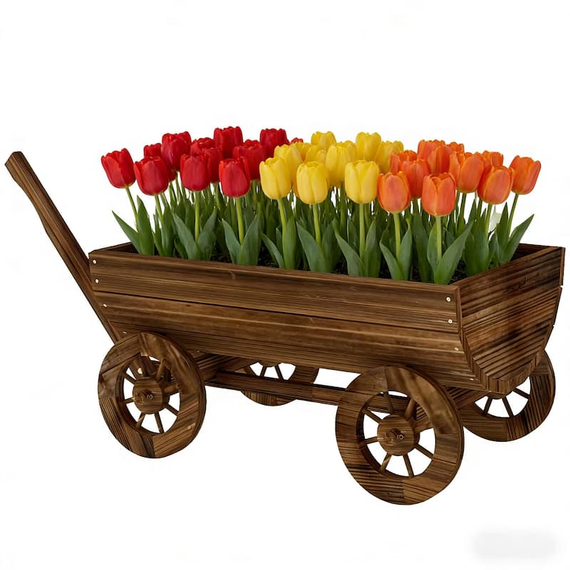 Small Wheelbarrow Wagon Flower Cart, Wooden Mobile Garden Planter