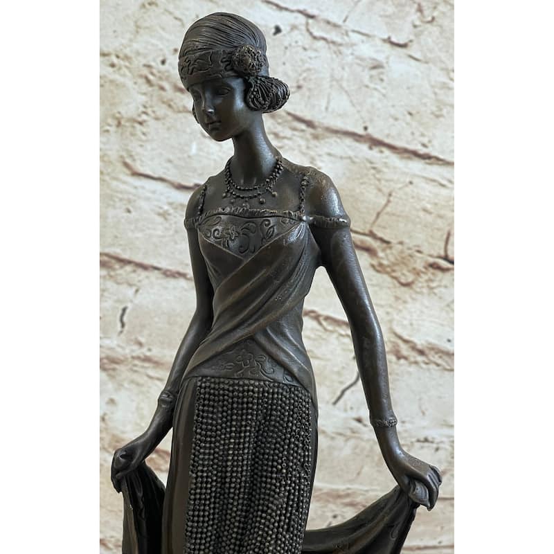 High Society Lady Is Poised And Elegant Dressed Bronze Sculpture Marble Base Fig
