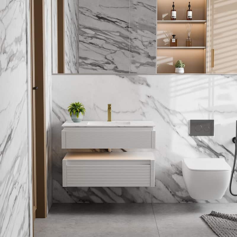 Modland 36" Modern Wall-Mounted Bathroom Vanity with Engineered Stone Countertop & Ceramic Undermount Sink