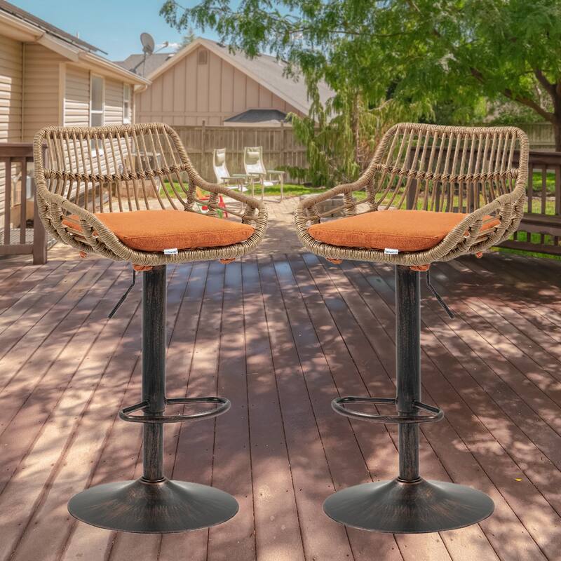 Plastic Rattan Linen Swivel Adjustable Height Bar Stools With Footrest(set of 2) - Orange