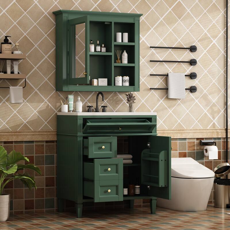 GDFStudio - Ravensden Modern Freestanding Bathroom Vanity Set with Ceramic Sink and Mirror Cabinet with a Tip-out Drawer - 30'W