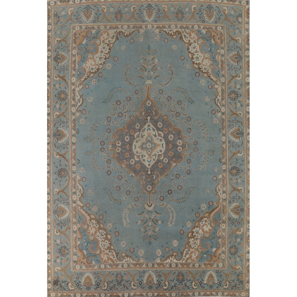 Tabriz Vintage Persian Area Rug Handmade Floral Blue Wool Carpet - 9'10" x 12'11"