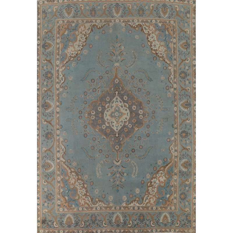 Tabriz Vintage Persian Area Rug Handmade Floral Blue Wool Carpet - 9'10" x 12'11"