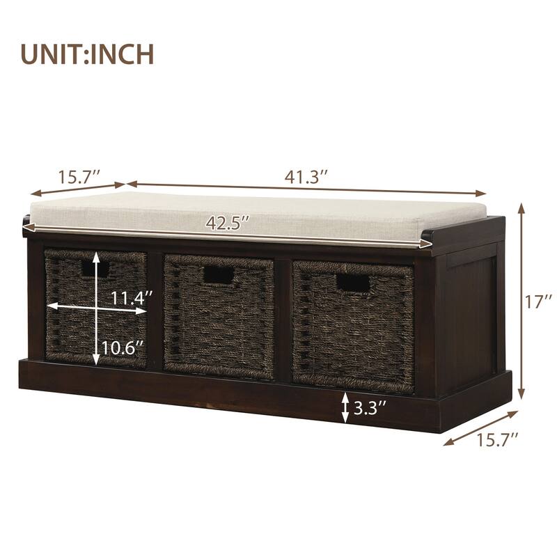 Rustic Storage Bench with 3 Removable Classic Rattan Basket