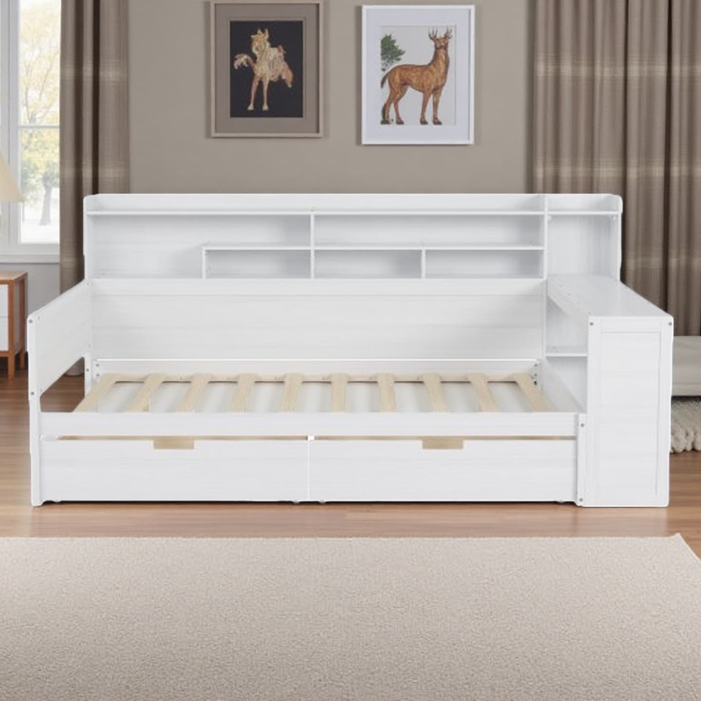 Twin Size Wooden Daybed with Built-in Study Desk, Side Storage Shelves & Two Large Drawers, Space-Saving Multi-Functional Bed