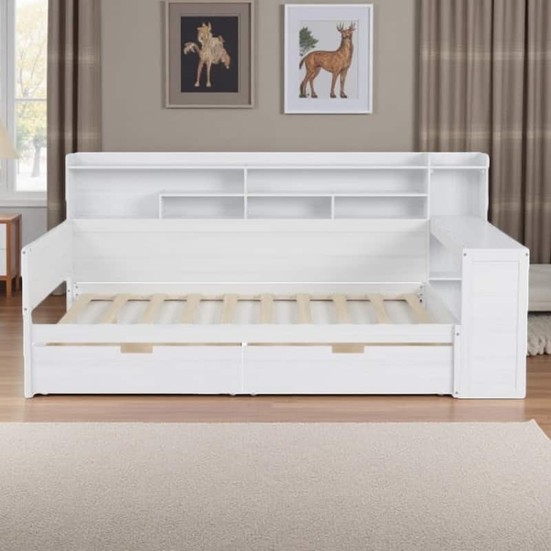 Twin Size Wooden Daybed with Built-in Study Desk, Side Storage Shelves & Two Large Drawers, Space-Saving Multi-Functional Bed - Full Antique White - Full
