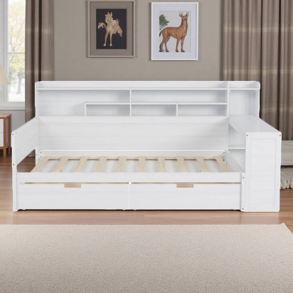 Twin Size Wooden Daybed with Built-in Study Desk, Side Storage Shelves & Two Large Drawers, Space-Saving Multi-Functional Bed