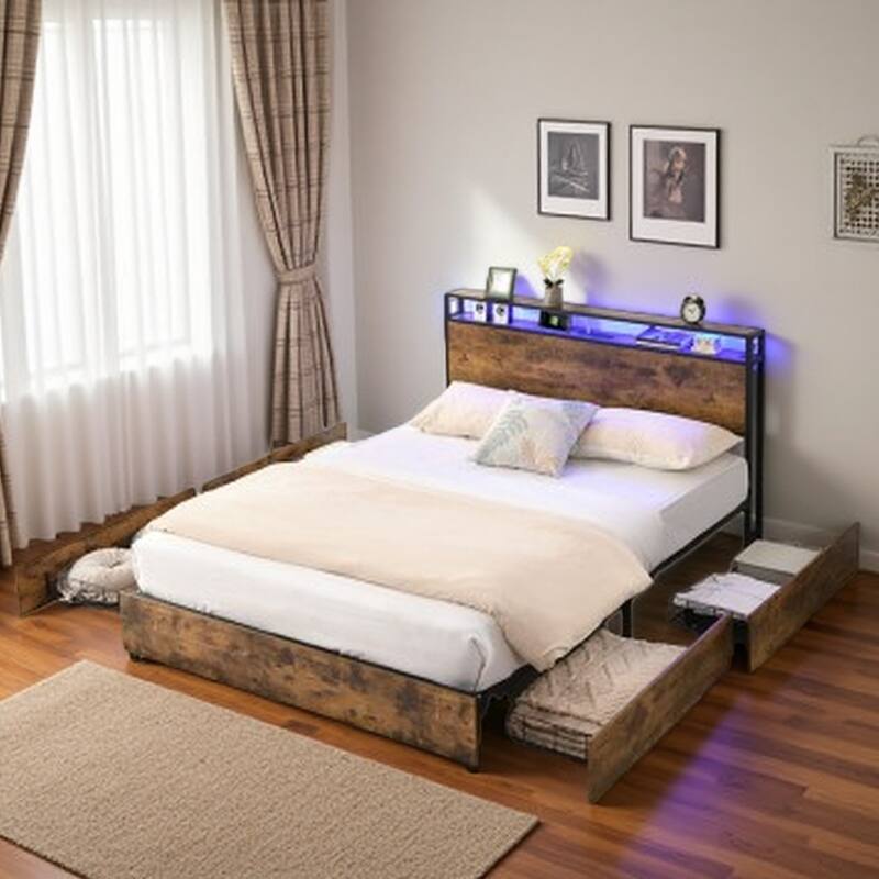 Full Size Bed Frame with Storage Headboard, Charging Station, LED Lights, Noise-Free, Easy Assembly, No Box Spring Required - Full Black+Brown - Full