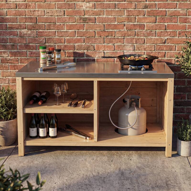 Modular Outdoor Kitchen Island Set, 100% Solid Wood BBQ Cabinet , Patio Kitchen Bar Table - 51.2"low cabient(Wood)