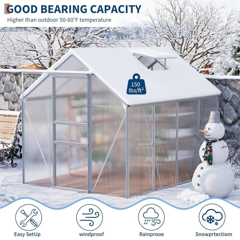 6 x 8 FT Winter Polycarbonate Greenhouse for Outdoors Gardening, Silver