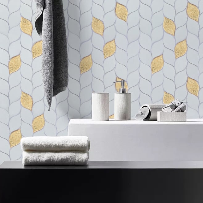 Thassos White Marble And Gold Glass Mosaic Wall Tiles - Case (10 Sheets)
