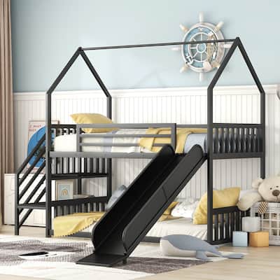 House-Shaped Twin Bunk Bed with Slide, Staircase, and Storage, Black
