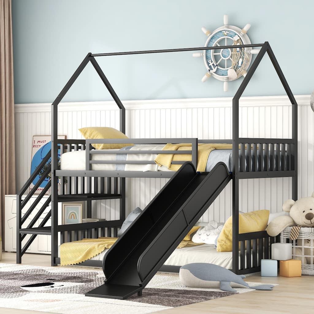 Roomfitters Twin over Twin House-Style Metal Bunk Bed with Slide and Staircase for Shared Bedrooms