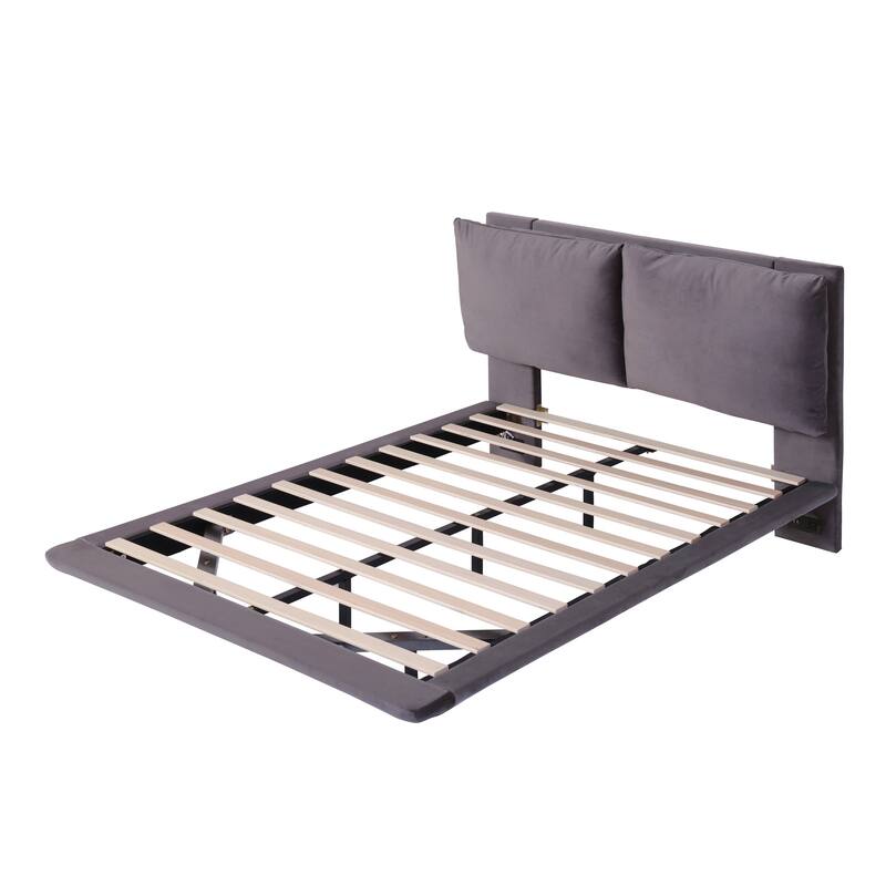 Upholstered Platform Bed w/ Sensor Light & Backrests, 2 Sets of Socket