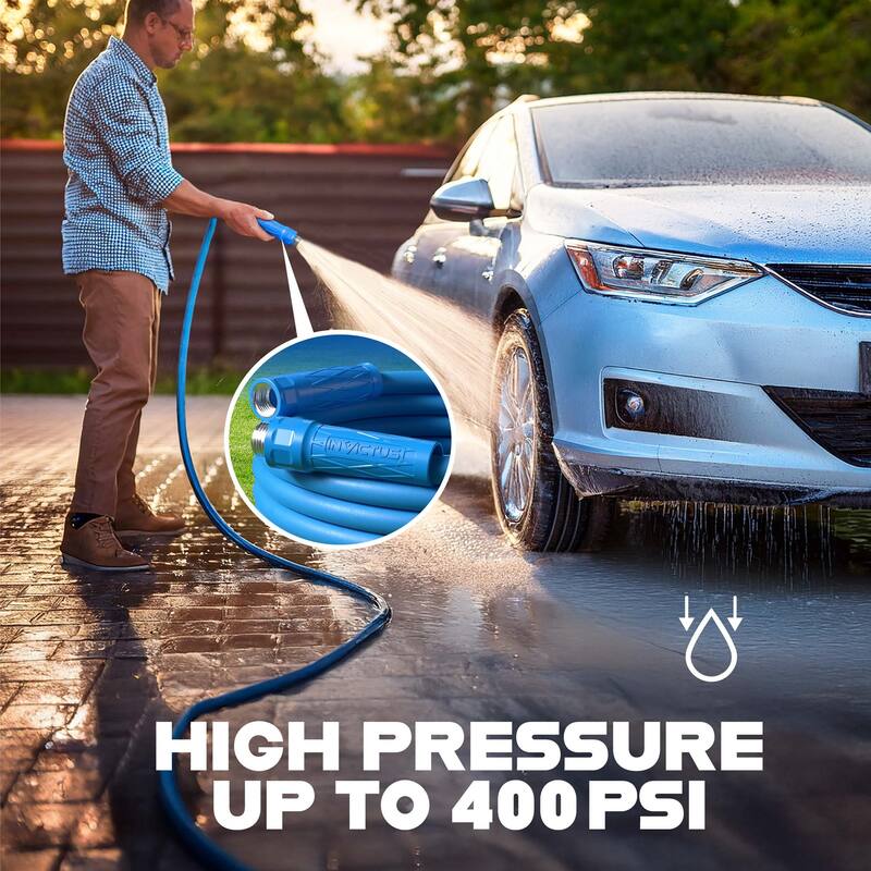 Invictus Heavy Duty Garden Hose with 10-Function Spray Nozzle - Lightweight, Kink-Free, 400 PSI High Pressure Hose