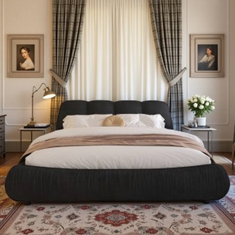 King Size Upholstered Bed Frame with Extra-Wide Cushioned Headboard, Solid Pine Slats & Adjustable Mattress Height - Queen Black - Queen