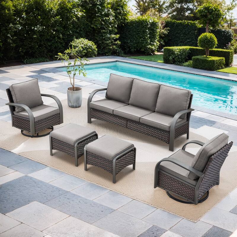 5 Pieces Sofa Swivel Rocker Glider Chairs with Ottomans - Grey Cushion - Brown - Grey - Brown
