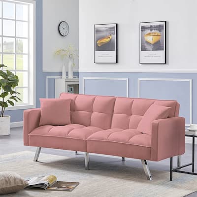 Velvet Futon Sofa Bed with Two Pillows, Convertible Sleeper Sofa Couch with 3 Angle Adjustable Backrest, Modern Loveseat